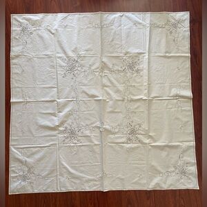 Beautiful Vintage Neutral Natural Ivory Dutch Embroidered Square Tablecloth 50”